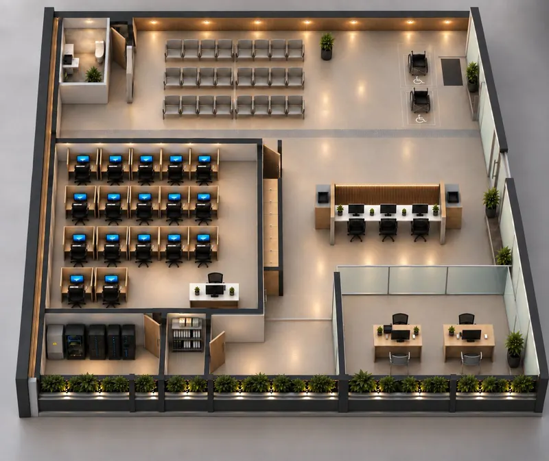 Render del diseño llave en mano de un centro de evaluación