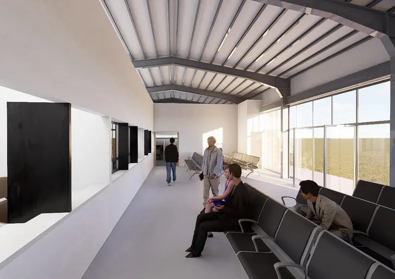 Render de la sala de espera del centro de evaluación de Ibagué