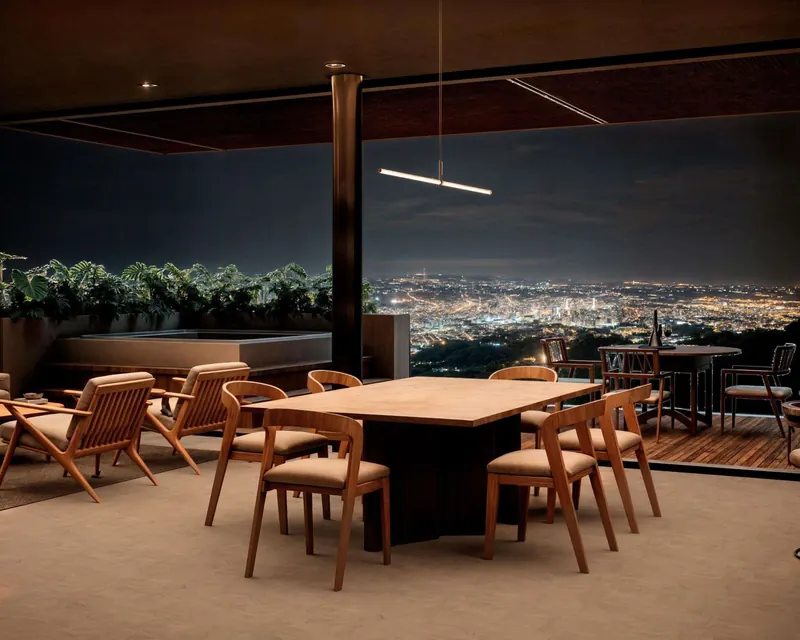 Render de la terraza social con vista nocturna sobre Pereira